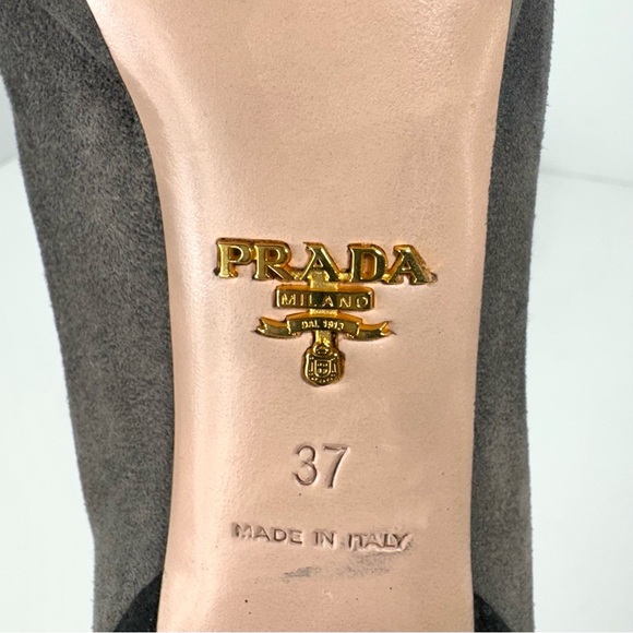 Prada Tricolor Grey Suede Leather Lace Up Cone Heel Ankle Boot Size EU 37 US 7 - Picture 10 of 12